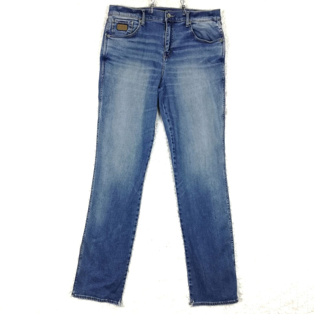 BKE Mens Jeans Ryder Straight Leg Blue Denim Medium Faded Wash Whiskering 34x36